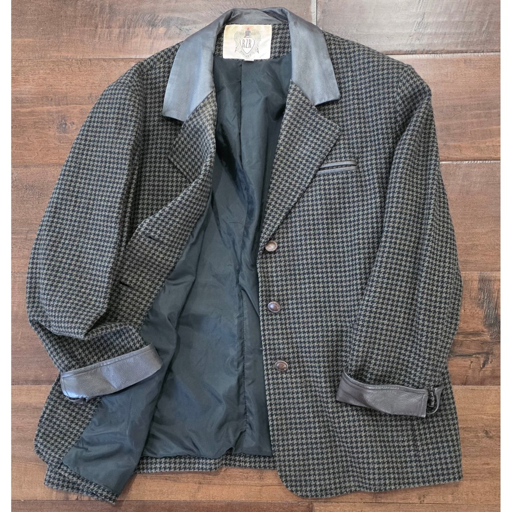 VTG Leather & Wool Houndstooth Blazer Plaid Jacket Brown Green Equestrian 16W